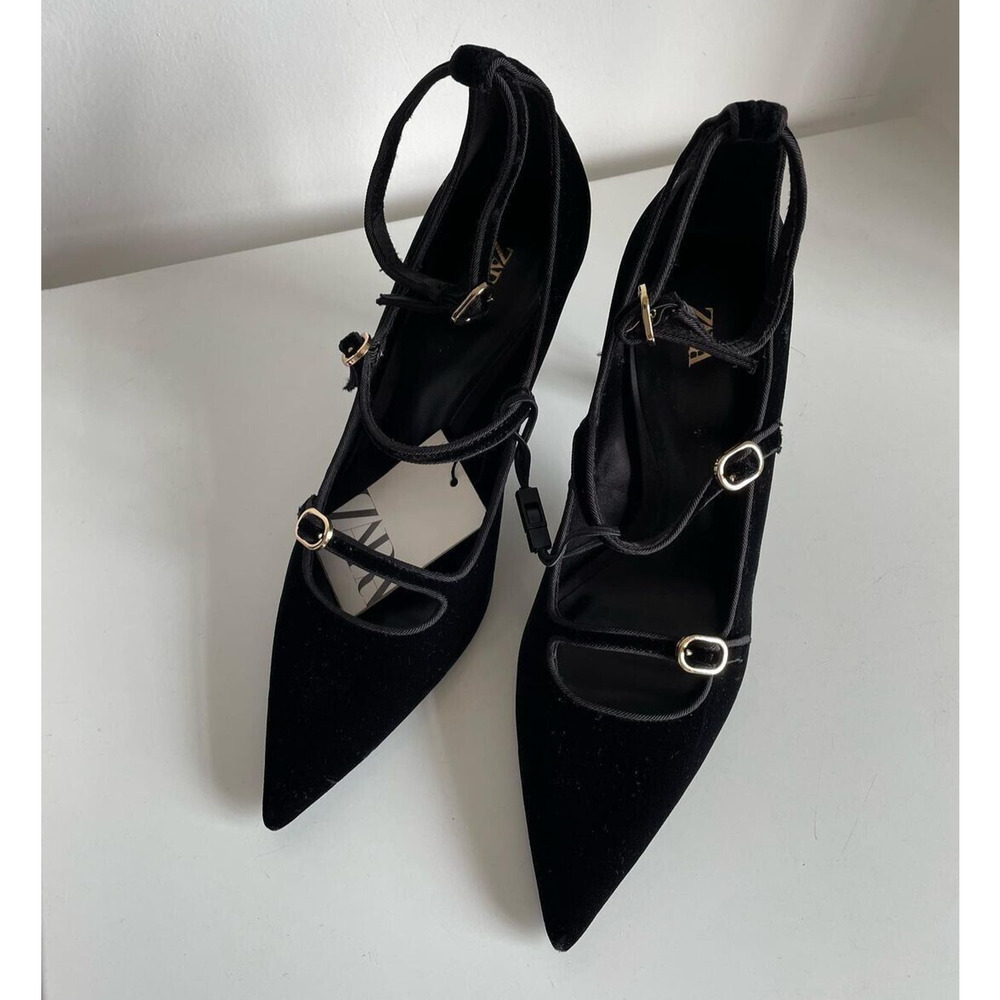 ZARA Velvet Mary Jane Heels NWT Black Pointed Toe Multi Strap Pumps Size 9 - Picture 12 of 16